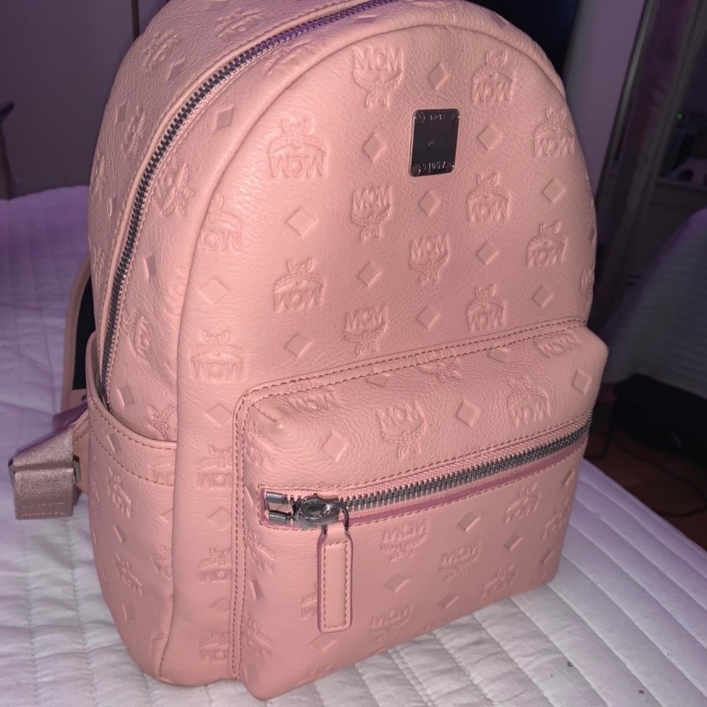 Pink Leather MCM Embellished Monogram Backpack